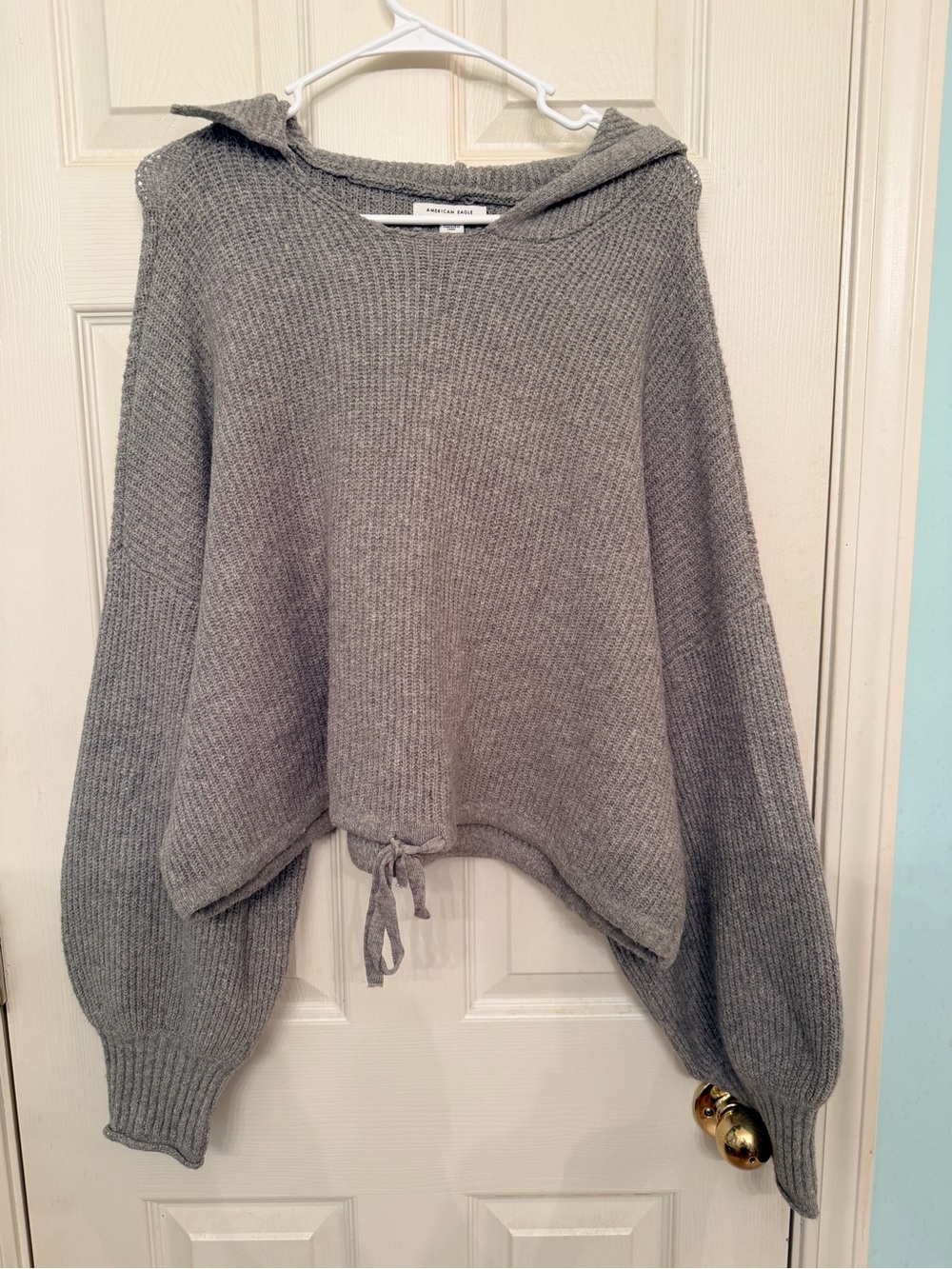 American Eagle Outfitters Light Green Cropped Hooded Knit Pullover
